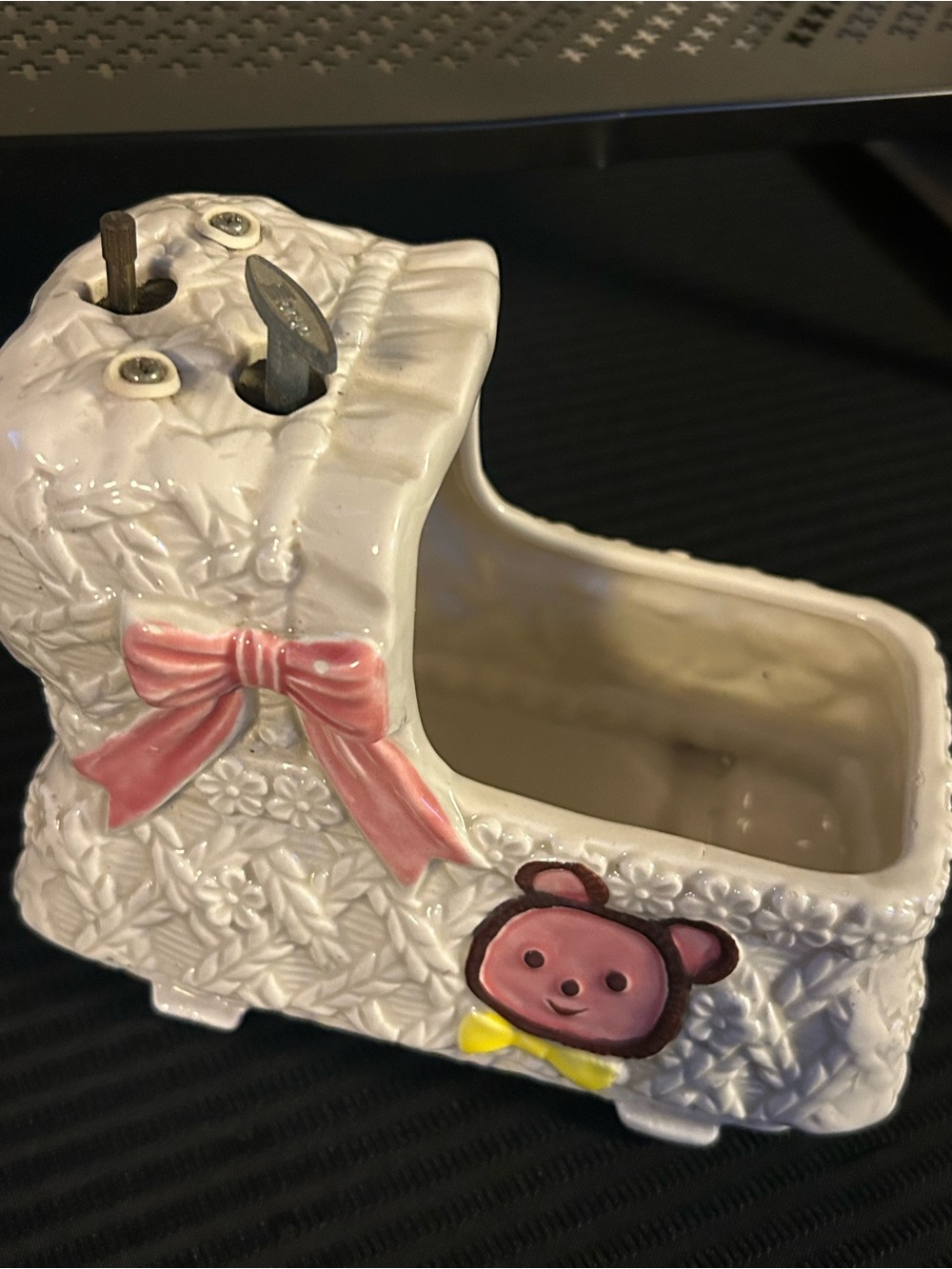 Vintage My-Neil Ceramic Baby Cradle Planter Music Box Monkey Elephant